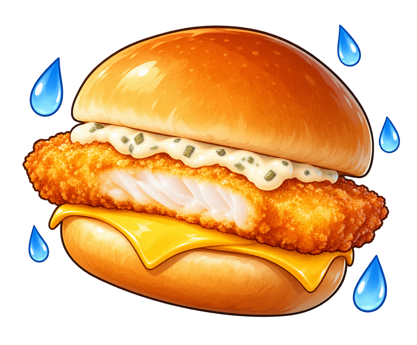雨粒に囲まれたトゥーン調のフィッシュバーガー