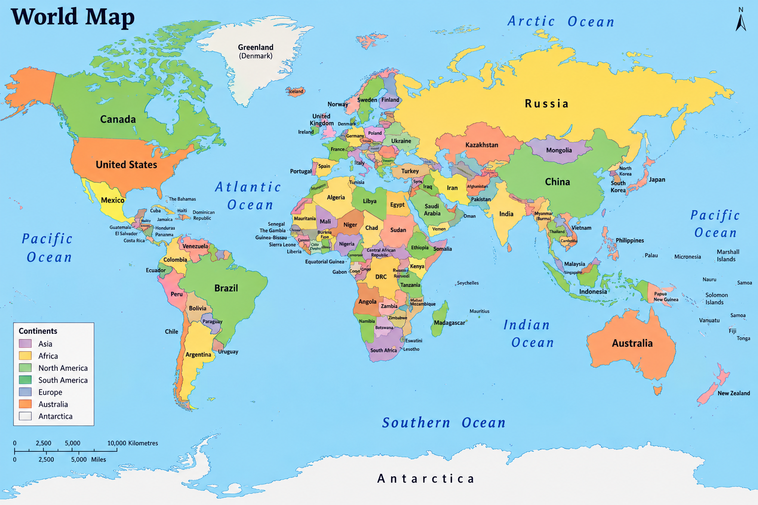 AIが生成した世界地図。左下の大陸別の凡例と、各国の配色に不整合がある