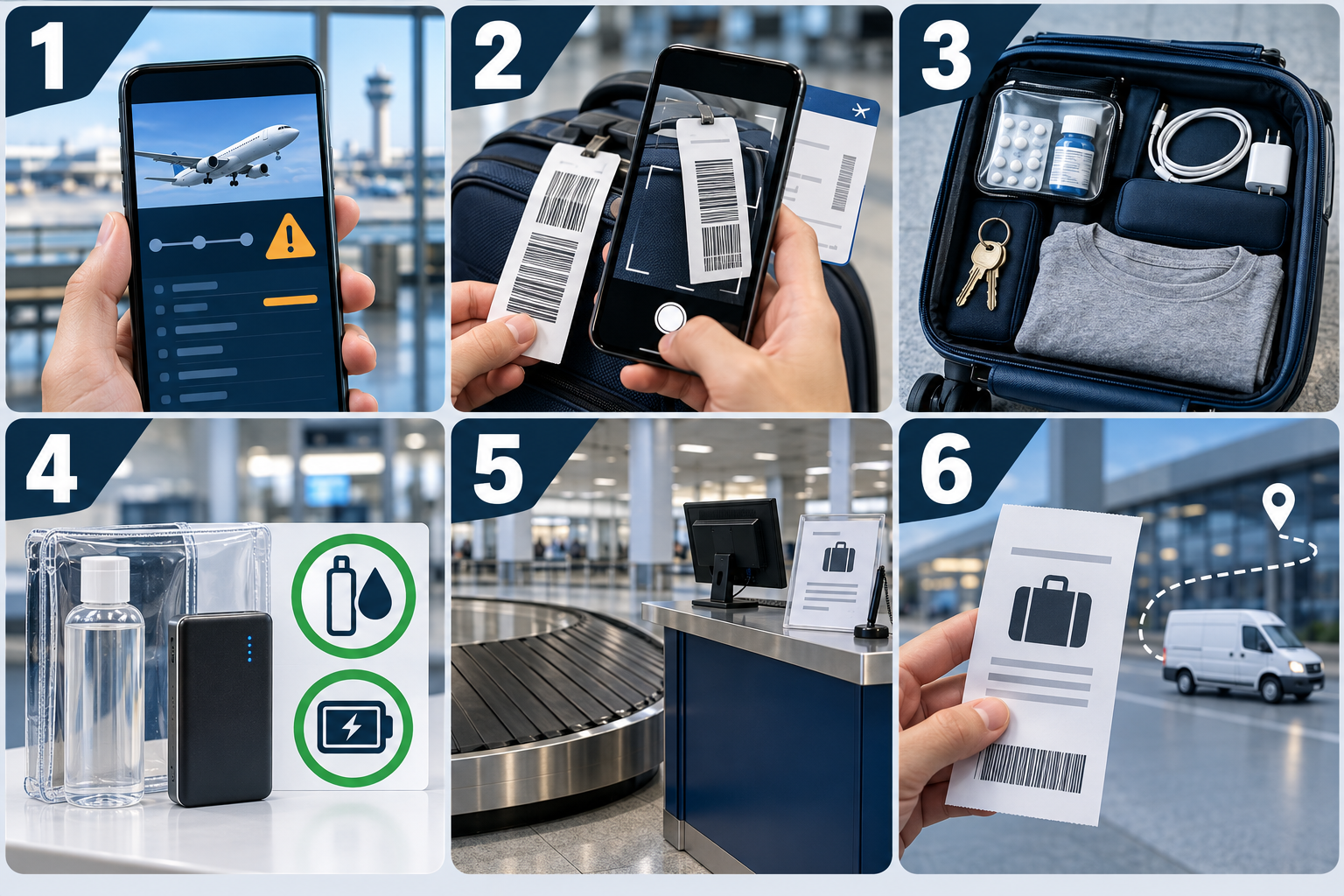 スワンナプーム空港の手荷物遅延に備え、運航状況、タグの撮影、機内持ち込みの必需品、液体と電池の制限、手荷物窓口、追跡番号と配送を順番に示した図